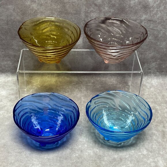 4 MYCO Swirl Textured Footed Glass Bowls Multicolored For Snacks Candy Or Nuts - Picture 1 of 8